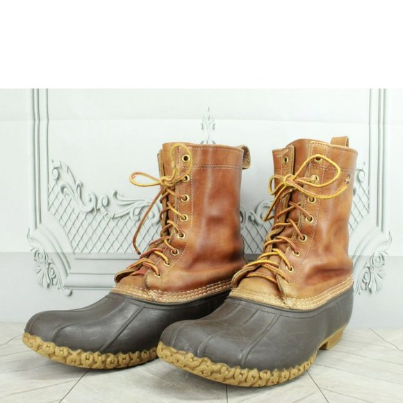 LL Bean Brown Leather Lace Up Round Toe Unlined Mid Calf Duck Boots Size 11 M - Picture 2 of 10